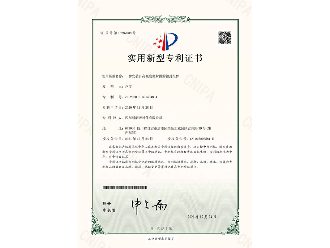一種安裝有高強度密封圈的軸封組件-實(shí)用新型專(zhuān)利證書(shū)